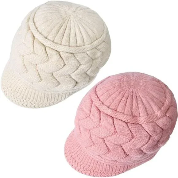 2 Pack Women Winter Warm Knit Hat Slouchy Beanie Cap with Visor